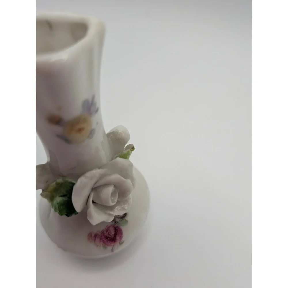 Vintage Germany Miniature‎ Porcelain Bud Vases Set Applied 3D Flowers White Blue